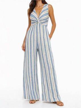 By Frida Striped Tie Front Wide Leg Jumpsuit Blue Ivory Size Large